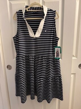 Nautica Navy and White Striped Sleeveless Midi Dress